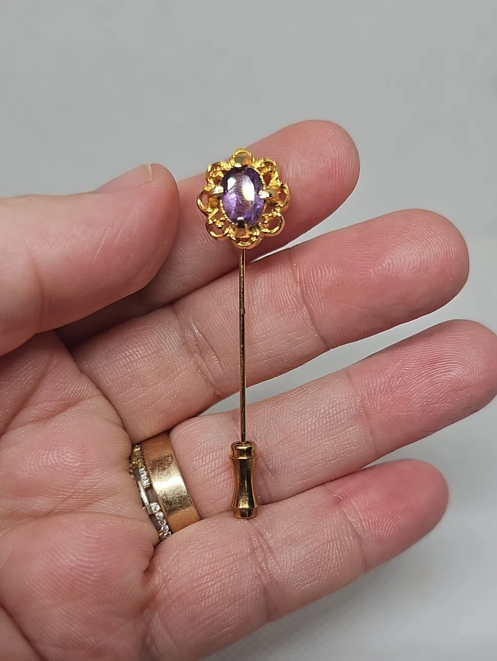Vintage Genuine Amethyst Purple Flower Gold Tone Metal Stick Pin Brooch 1950's